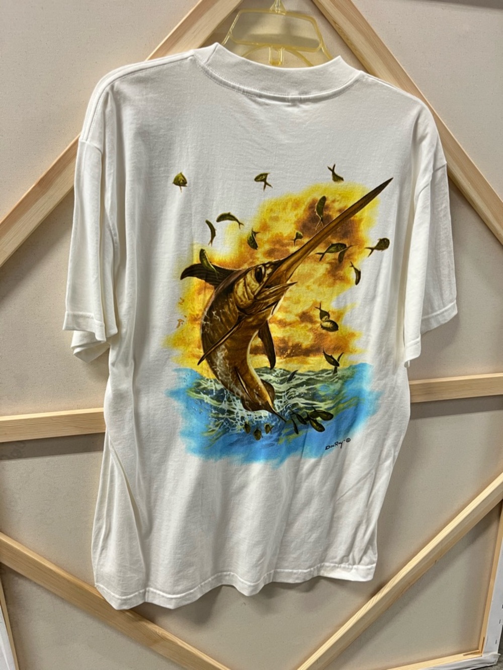 Vtg Don Ray White Graphic T Shirt L with Swordfish Sunset USA